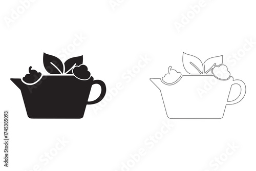 Vector illustration of herbal tea or dessert in a pot showing both solid black and outline versions for design flexibility