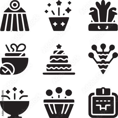 Collection of nine different black silhouette icons on a white background in a square arrangement