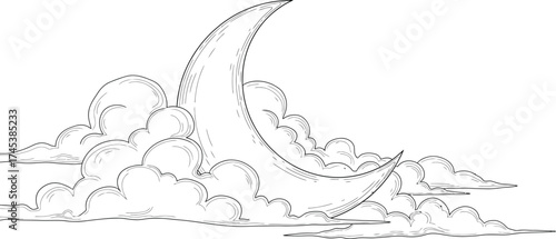 Crescent moon nestled among fluffy clouds in a dreamy sky scene