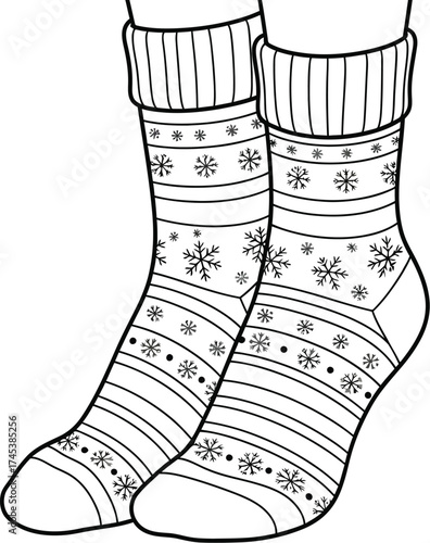 Two winter socks with snowflakes pattern for coloring activity