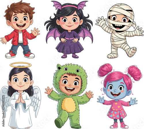 Cute cartoon kids in Halloween costumes angel, mummy, vampire, monster, and zombie, colorful funny character design for holiday illustration