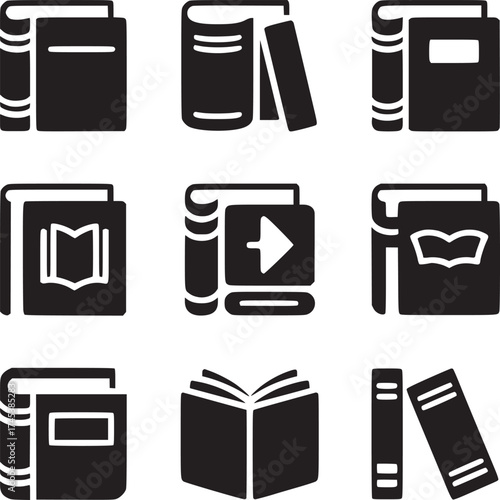 A collection of nine book icons in black silhouette with varying designs and orientations on white