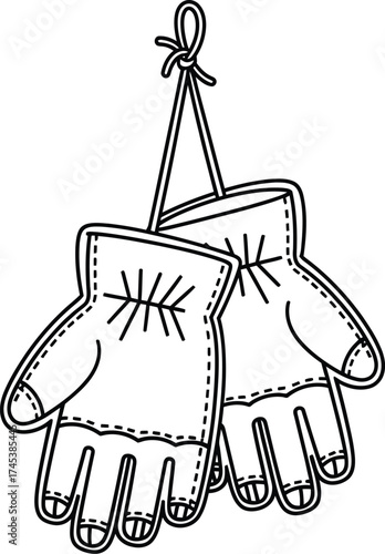 Hanging pair of winter gloves outline on a white background