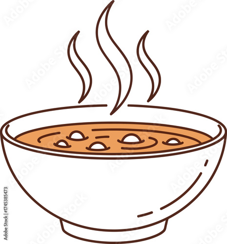 Bowl of hot soup with steam rising on a white background art