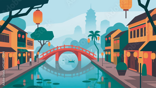 Illustration Of Hoan Kiem Lake With Red Bridge On Old Town Street Full Of Lanterns Vector Design Template