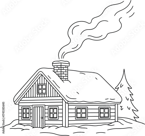 Cozy cabin in winter with smoke rising from the chimney outline