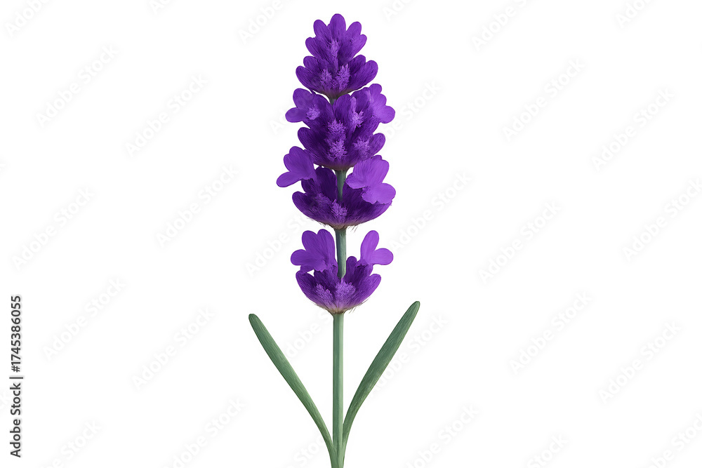Obraz premium Fresh lavender flower stem with purple blossoms isolated on white background suitable for aromatherapy, wellness, herbal, spa, natural, eco, botanical, and floral design uses