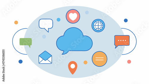 A chat bubble with various contextual icons like weather tasks and news radiating from it to showcase versatility.