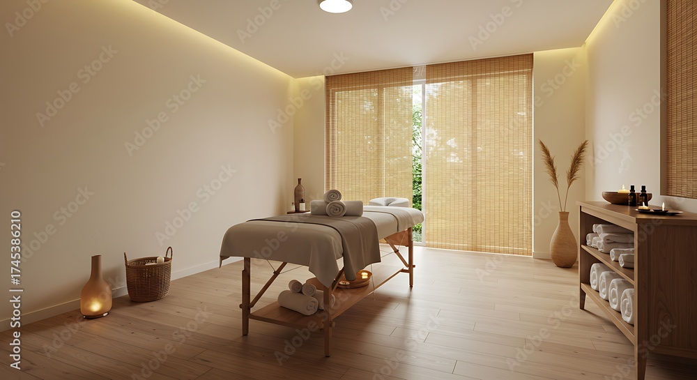 Fototapeta premium Relaxing Massage Room with Natural Light Warm Decor and Minimalist Design