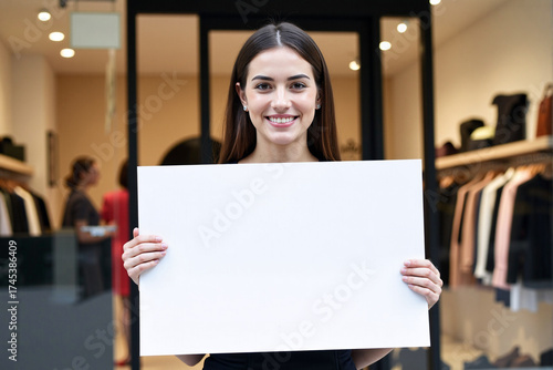 Happy female retail employee holding a blank white sign for a promotional message or sale advertisement inside a modern clothing store