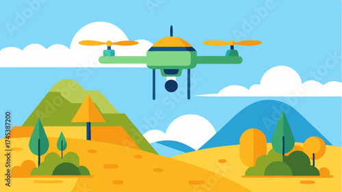 A drone equipped with 5G technology flying above a rural landscape highlighting enhanced connectivity for remote areas and efficient data communications.