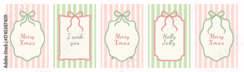 Coquette-style hand-drawn doodle frames: wavy lines, bows, and ribbons. Elegant vintage borders for Christmas greeting cards, holiday posters, and festive invitations. Whimsical Xmas background design