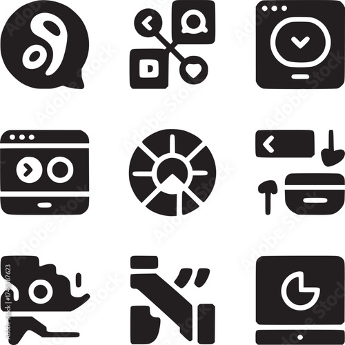 Collection of nine different black glyph icons arranged in a three by three grid on a white background