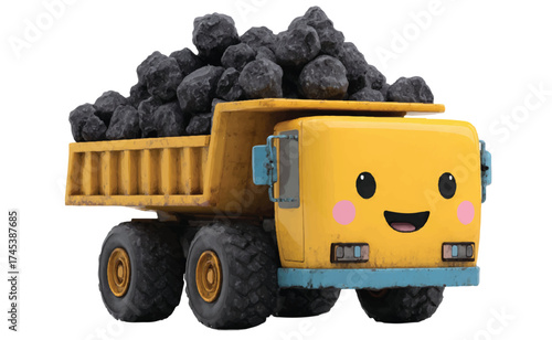 Charming yellow dump truck with a friendly face, cheerfully hauling a load of rocks - perfect for adding a touch of whimsy to any project