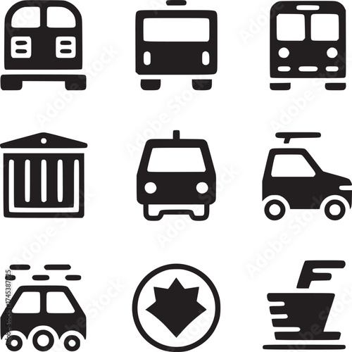 A collection of nine black transportation and other icons arranged in a three by three grid format