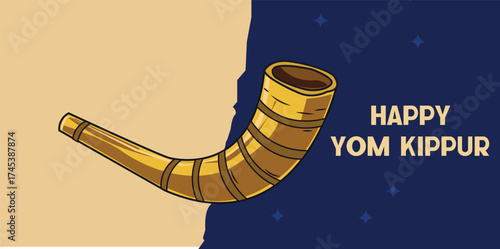 Yom Kippur Shofar Vector Illustration – Jewish Holiday Design with Ram’s Horn and Greeting Text