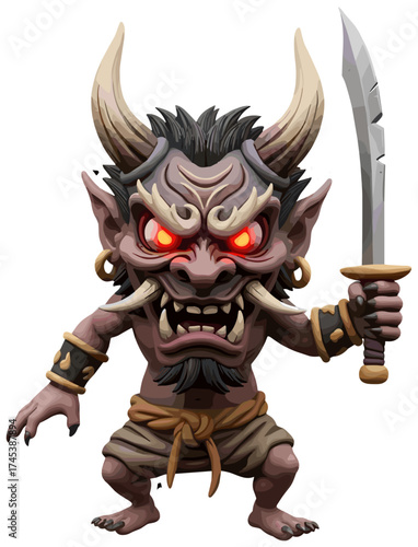 Fierce horned demon character with glowing red eyes and sword Japanese mythology