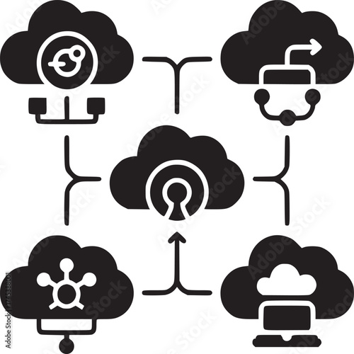 Illustration of cloud network with connected devices showing data flow and cloud computing concepts