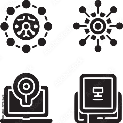 Four black and white icons depicting network connections, a laptop, and a document stack symbol