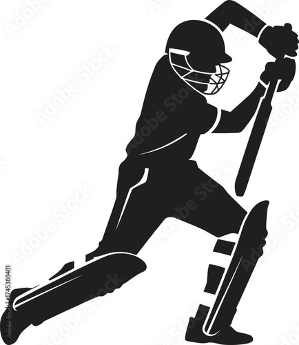 Silhouette of a cricket batsman in action hitting a shot