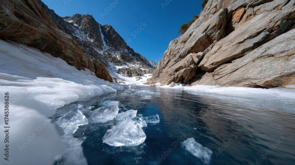 Obraz premium A stunning view of a crystal-clear mountain stream flowing between rocky cliffs, with patches of snow and bright blue skies reflecting an unspoiled, tranquil nature scene.
