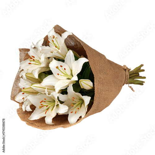 A beautiful bouquet of white lilies, elegantly wrapped in burlap and isolated on a transparent background, perfect for celebratory occasions