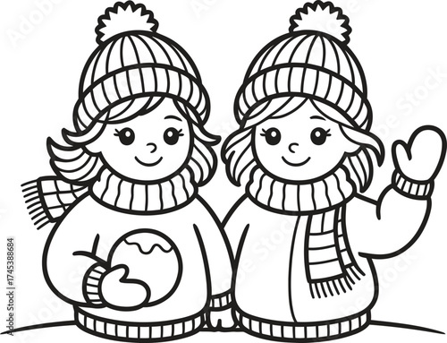 Two happy children wearing winter hats and scarves waving hello