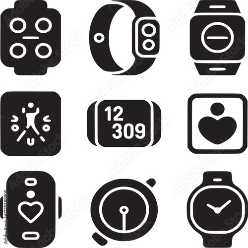 A collection of nine distinct black and white smartwatch and fitness tracker icons in a grid layout