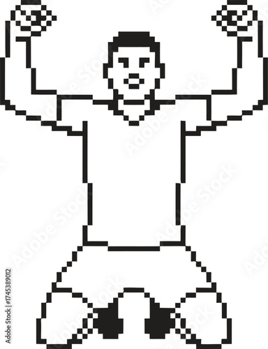 Pixelated man celebrating victory on knees with arms raised