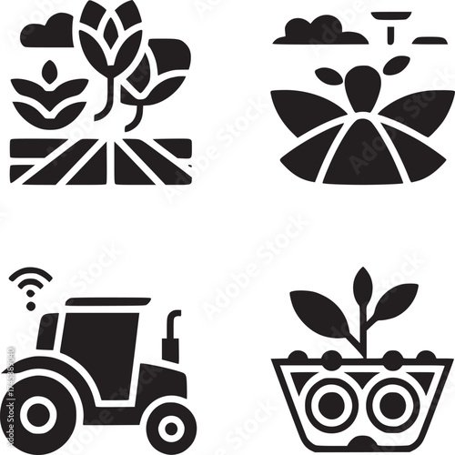 Four farming themed icons featuring crops fields a tractor and a plant in a pot in black and white style