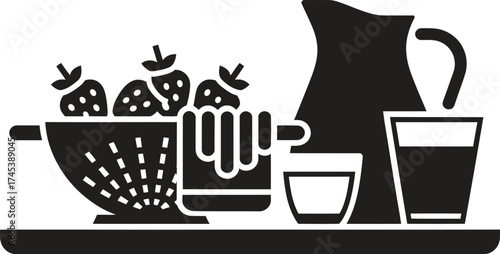 Still life illustration of strawberries in a colander with a pitcher and glasses