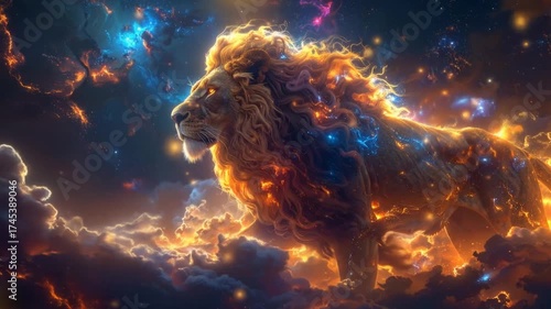 Majestic Lion Illuminated: A Mythic Beast Glowing Amongst Stellar Cosmos