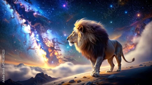 Majestic Lion Gazing at the Cosmic Tapestry of the Universe Above