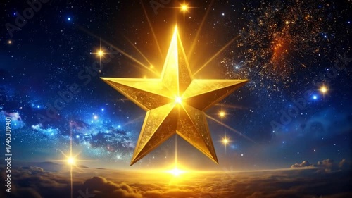 Magnificent Starry Stellar Scenery: A Celestial Gold Star Shines Above Clouds
