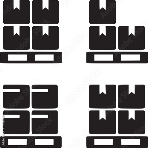 Four illustrations of pallets with boxes stacked on top in a simple black and white design style
