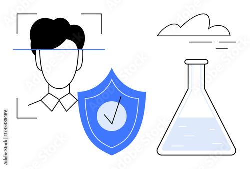 Facial recognition, shield with checkmark, chemical flask, simple cloud. Ideal for technology, privacy, science, security, AI cloud computing safety themes with simple flat metaphor