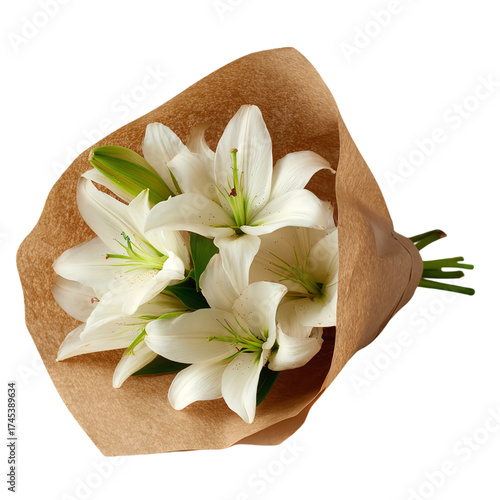 A beautiful bouquet of white lilies elegantly wrapped in brown craft paper, isolated on a transparent background, perfect for celebrations and floral arrangements