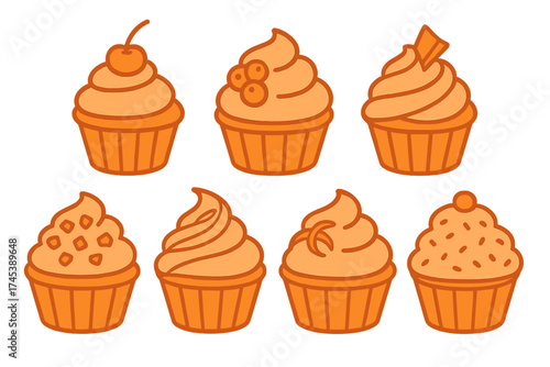 Seven delicious orange cupcakes decorated with sweet toppings and creamy frosting