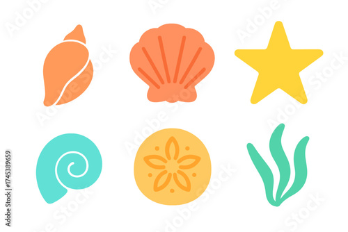 Colorful marine life icons set with seashells, starfish, and sand dollar elements