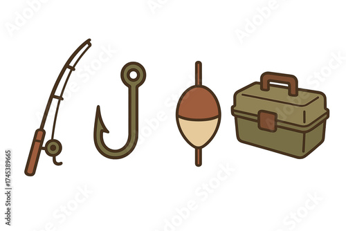 Set of fishing equipment icons including rod, hook, bobber, and tackle box for outdoor design