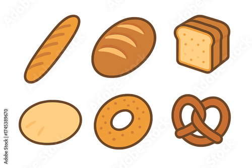 Collection of baked goods including baguette loaf sliced bread bagel and pretzel