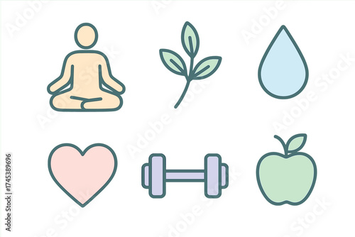 Simple outline icons for healthy living, physical fitness, and mental wellness concepts