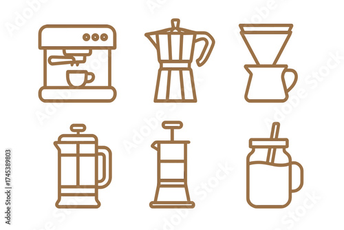 Outline icons set of coffee makers including espresso machine moka pot and French press