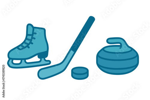 Collection of essential winter sports equipment icons including skate hockey stick and curling stone