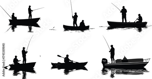 Silhouette fishermen fishing on boats and kayaks, peaceful lake outdoor recreation, fishing hobby and leisure activity illustration, black isolated vector design