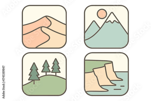 Minimalist natural landscape icons featuring desert dunes, mountain peak, forest trees, and coastal cliffs