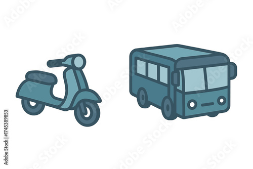 Set of transportation icons featuring a classic scooter and a small passenger bus in muted blue tones