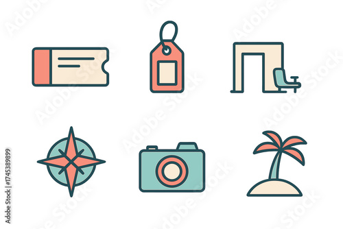 Outline symbols for travel, vacation, and tourism featuring ticket, luggage tag, compass, and camera