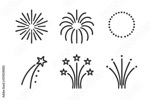 Minimalist outline set of fireworks celebration bursts and exploding stars
