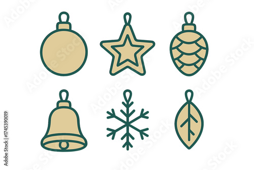 Minimalist Christmas holiday ornament icons set featuring bauble star snowflake and bell